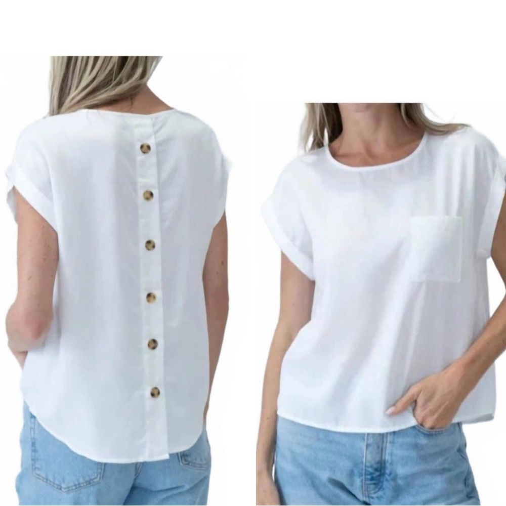 NWT SIX/FIFTY kaitlin button-back short sleeve top in white size medium women's